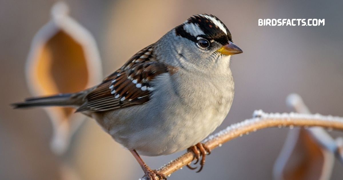 White-crowned Sparrow with bold black-and-white striped head perched on a branch White-crowned Sparrow with bold black-and-white striped head perched on a branch