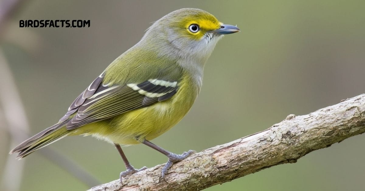 White-eyed Vireo with olive-green back and bright yellow spectacles perched on a branch