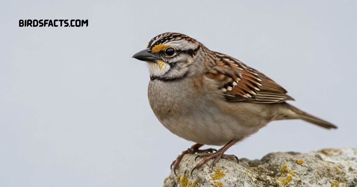 White-throated Sparrow with white throat patch and yellow lores perched on a branch