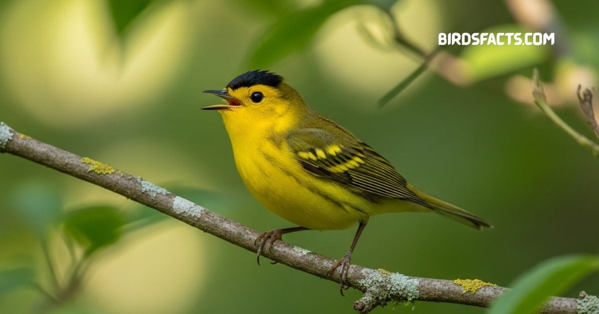 Wilsons Warbler Perched On Branch Showing Bright Yellow Body And Black Cap.