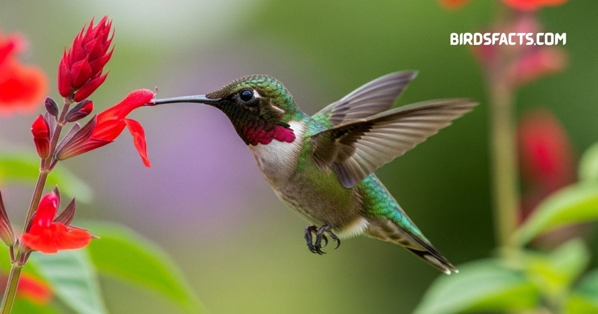uby-throated Hummingbird hovering near a flower with its bright red throat shining