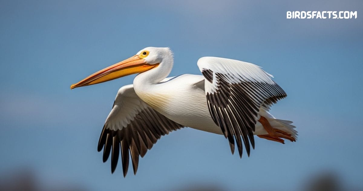 American white pelican gliding over water with large wings and bright orange bill