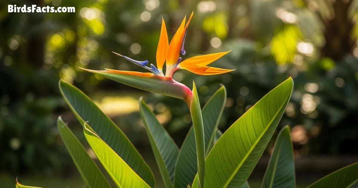Bird Of Paradise Flower Displaying Bright Orange And Blue Petals Shaped Like A Bird In Flight With Green Leaves And A Soft Tropical Garden Background
