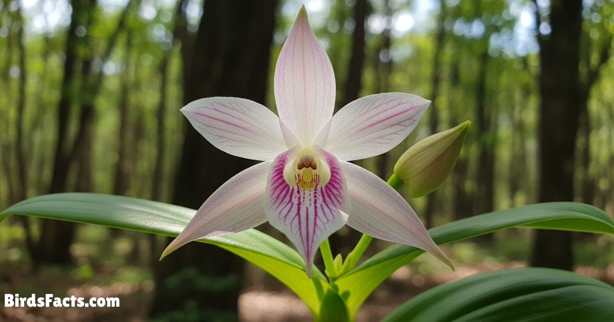 Birds Mouth Orchid Bloom Showing White And Pink Petals Forming A Shape That Resembles An Open Beak With Green Leaves And A Soft Forest Background