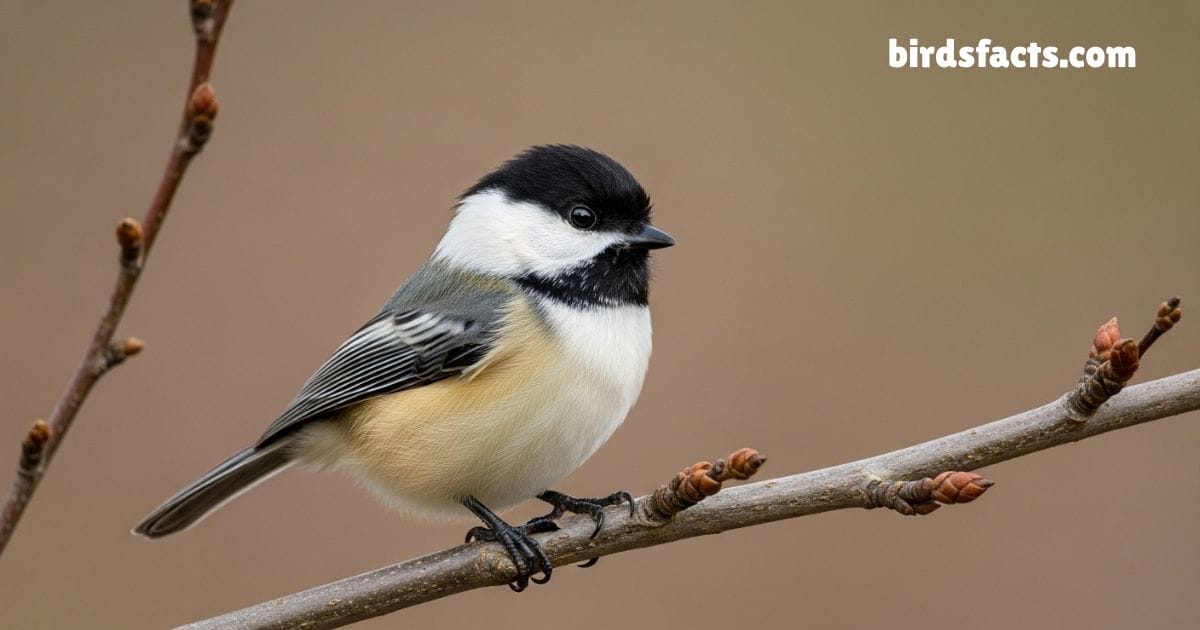 Black Capped Chickadee Perched On Branch Showing Black White Head Plumage.