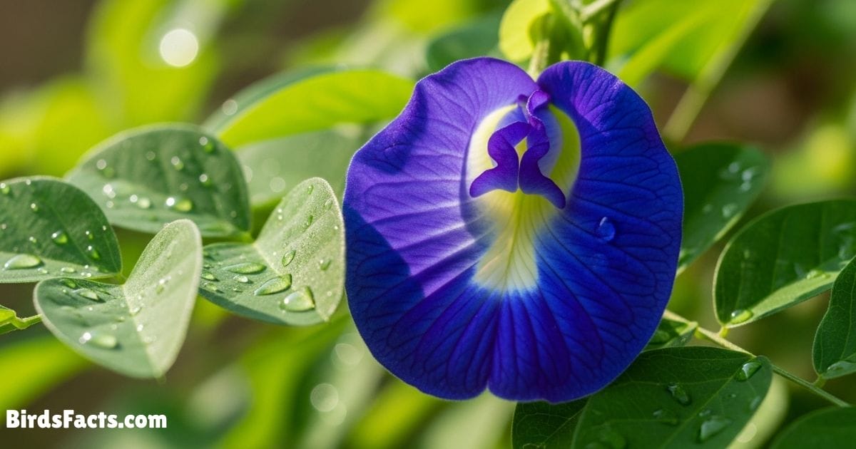 Butterfly Pea Flower Showing Deep Blue Petals With A White Center And Green Leaves In A Bright Garden Background