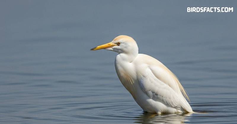 Cattle egret standing in grassy field with white feathers and yellow bill