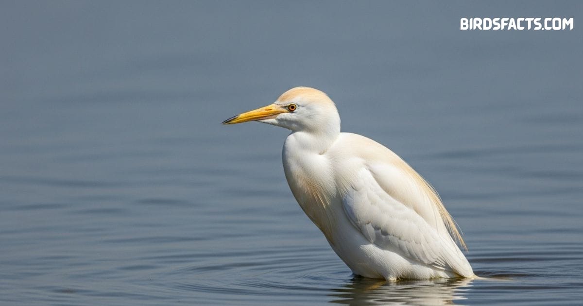Cattle egret standing in grassy field with white feathers and yellow bill