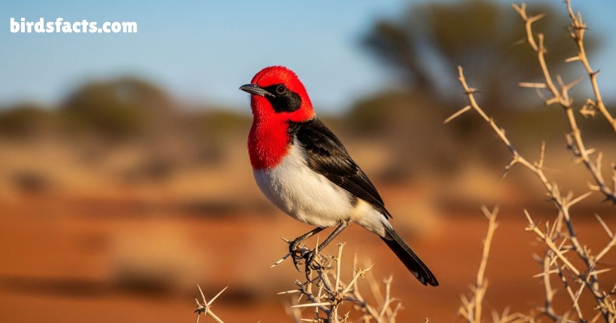 Crimson Chat Perched On Ground Showing Bright Red Body And Wings.