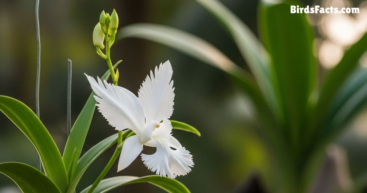 Dove Orchid Flower Showing White Petals Forming The Shape Of A Dove With Green Leaves And A Soft Tropical Background
