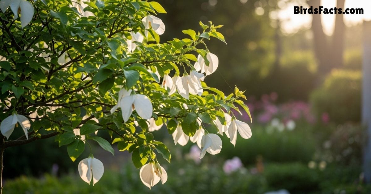 Dove Tree Bloom Showing White Bracts Resembling Doves In Flight With Green Leaves And A Bright Blue Sky Background