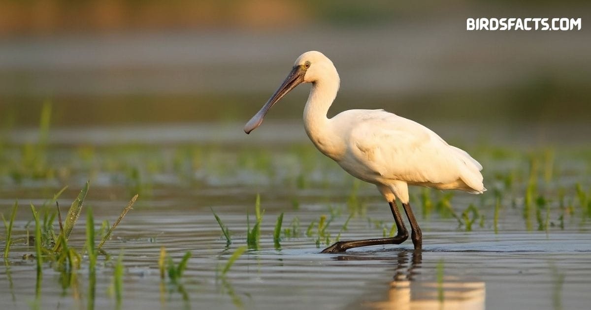 Eurasian spoonbill wading in shallow water with long spoon-shaped bill and white plumage