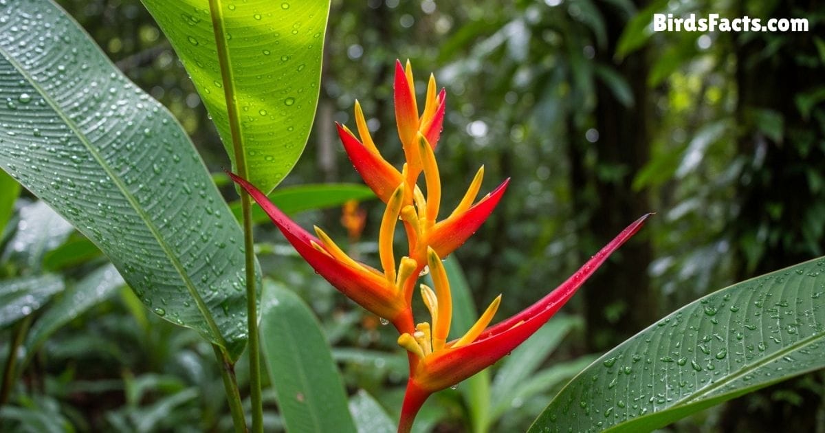 Exotic Heliconia Flower Displaying Bright Red And Yellow Bracts With Green Leaves In A Lush Tropical Garden Background