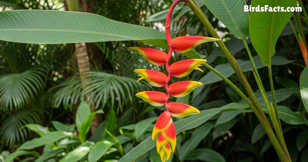 False Bird Of Paradise Flower Showing Bright Red Orange And Yellow Bracts With Large Green Leaves In A Tropical Garden Background