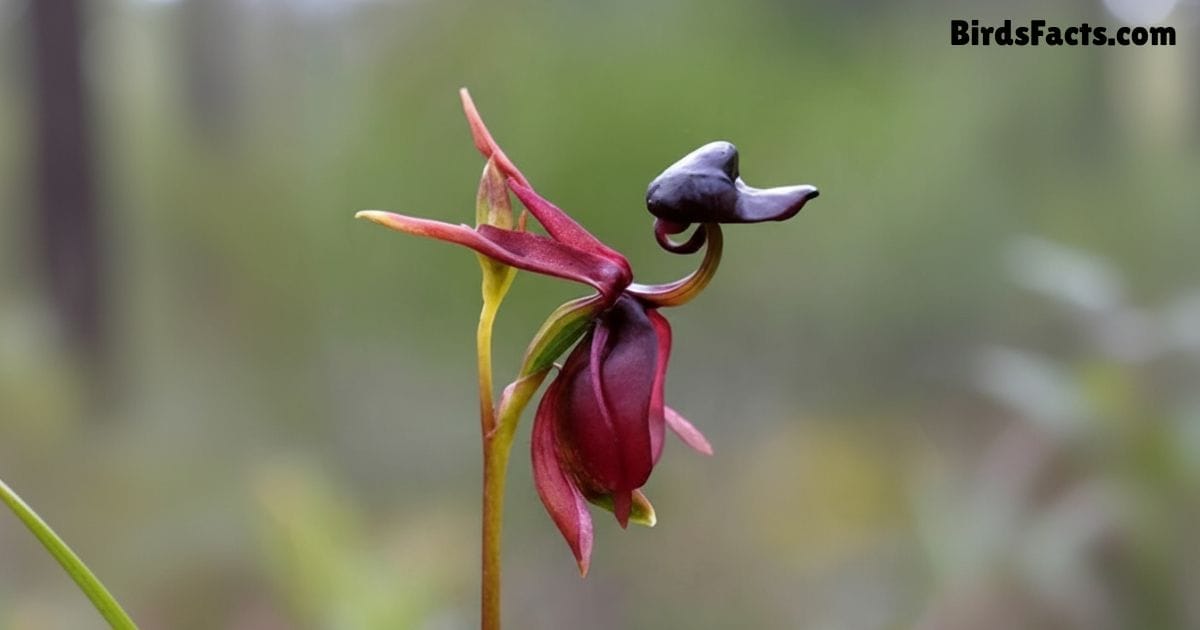 Flying Duck Orchid Flower Showing Brown And Purple Petals Shaped Like A Flying Duck With Green Leaves And A Soft Forest Background
