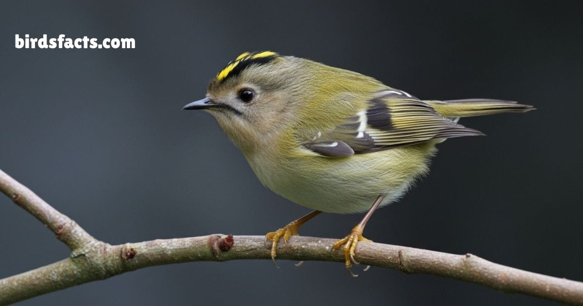 Goldcrest Perched On Tree Branch Showing Yellow Crown And Olive Plumage.