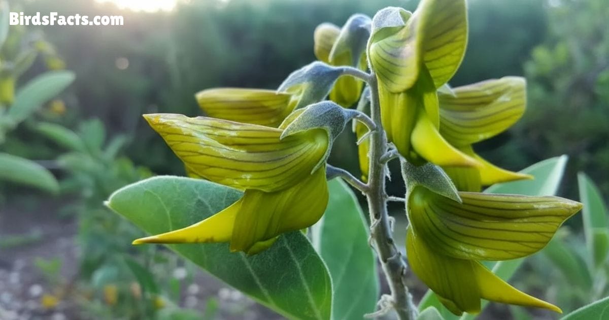 Green Birdflower Bloom Showing Bright Green Petals Shaped Like A Small Bird In Flight With Soft Leaves And A Natural Garden Background