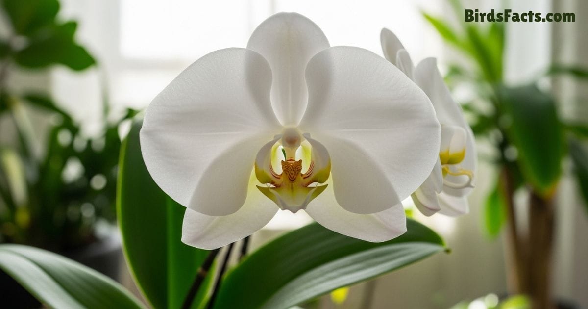 Moon Orchid Flower Showing Large White Petals With A Yellow Center And Green Leaves In A Bright Indoor Garden Background