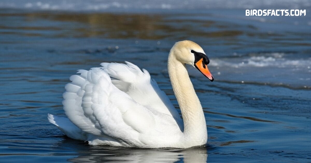 Mute swan gracefully swimming on calm water with white plumage and orange bill