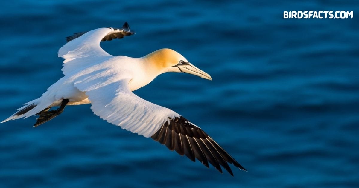 Northern gannet soaring over ocean with white body, black wingtips, and yellow head