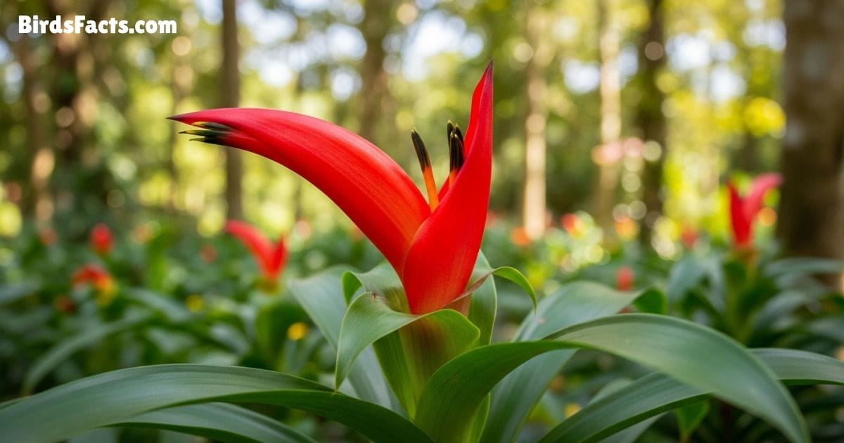 Parrot Beak Flower Showing Bright Red Curved Petals Resembling A Parrot Beak With Green Leaves And A Tropical Garden Background