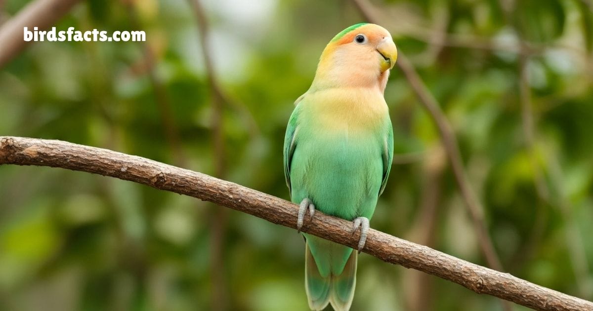 Peach Faced Lovebird Perched On Branch Showing Green Body And Peach Face.