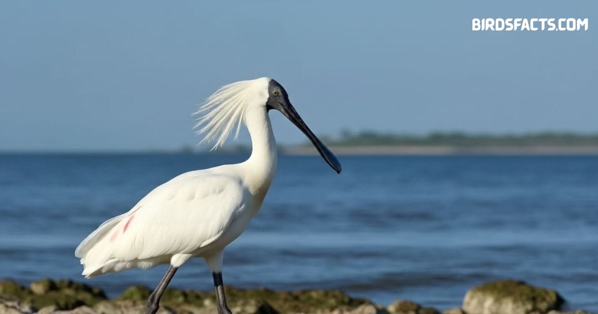 Royal spoonbill wading in shallow water with white plumage and long spoon-shaped bill