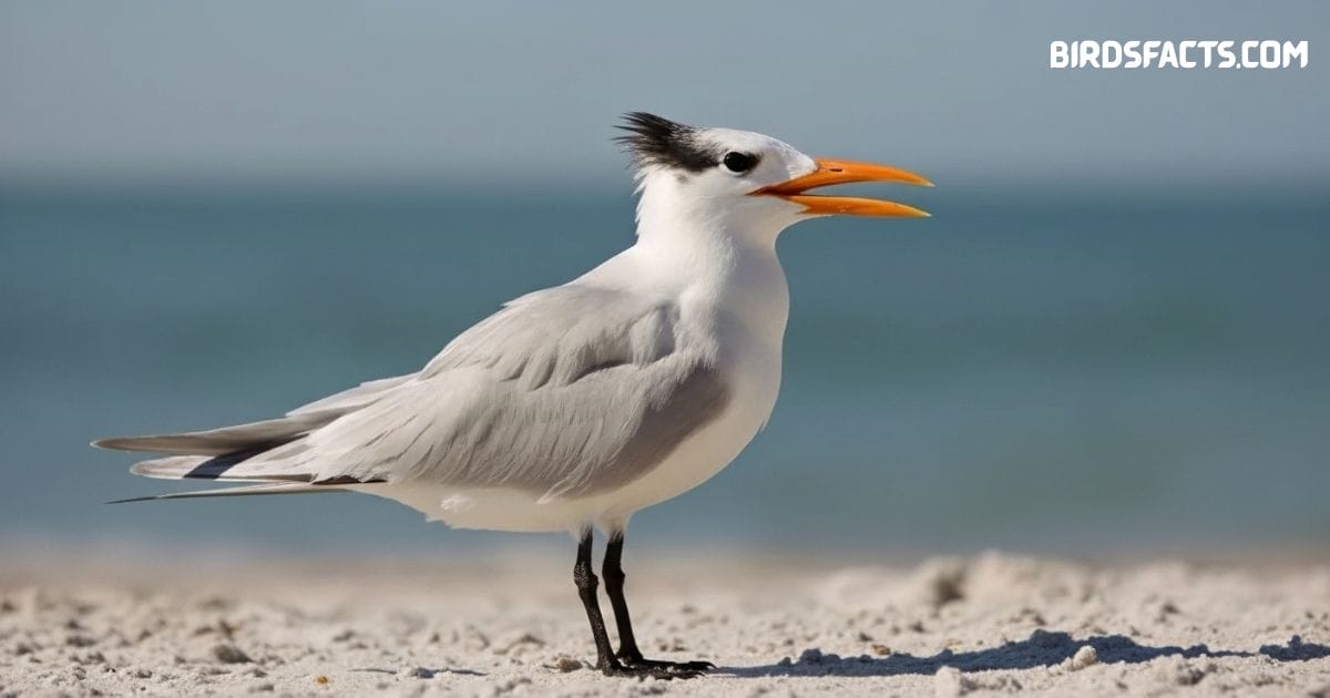 Royal tern perched near shoreline with sleek white plumage, black cap, and bright orange bill