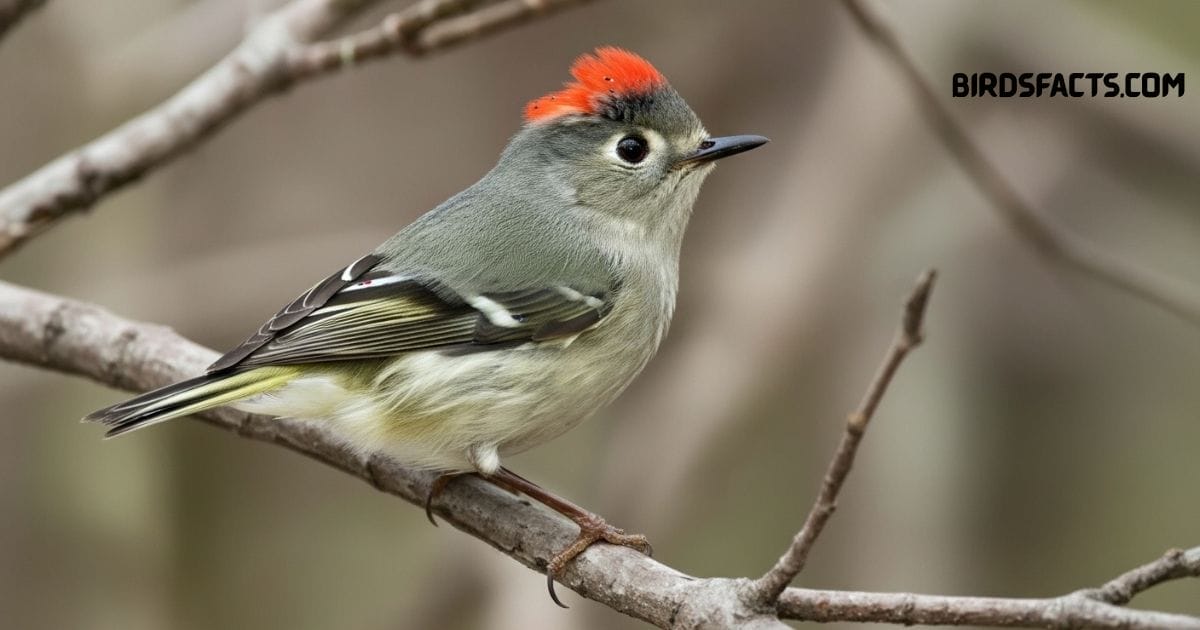 Ruby Crowned Kinglet Perched On Branch Showing Olive Green Back Plumage.