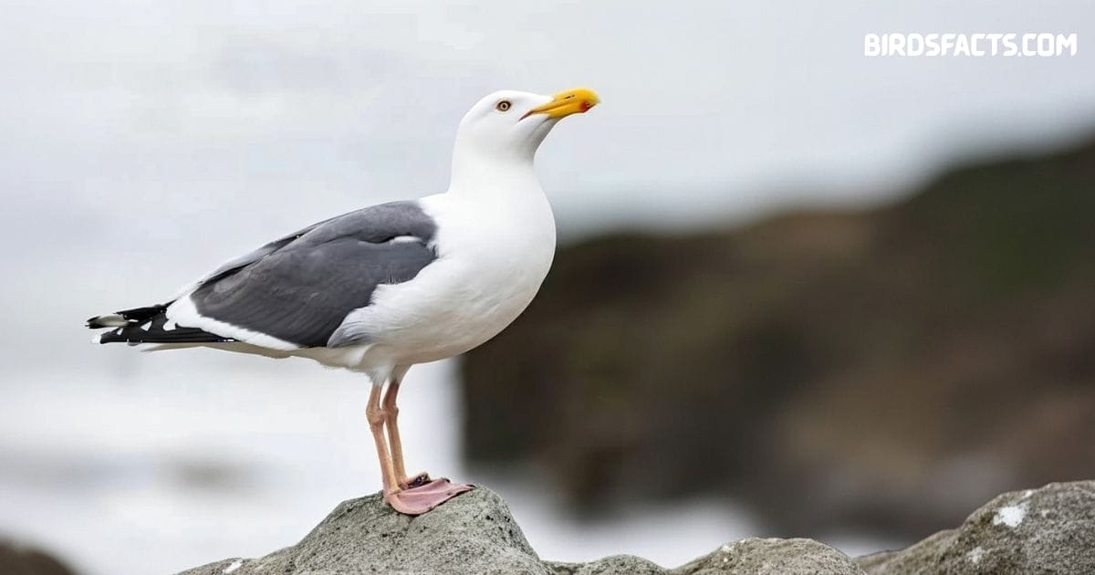 Seagull standing on rocky shore with white body, gray wings, and yellow bill