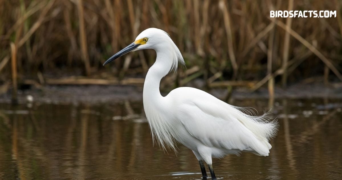 Snowy egret wading in shallow water with white plumage, black legs, and yellow feet