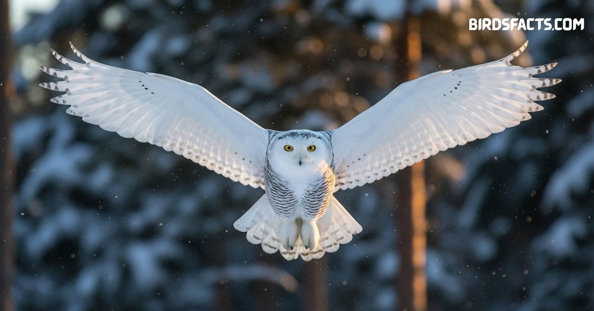 Snowy owl perched on snowy ground with white plumage and dark spotted markings
