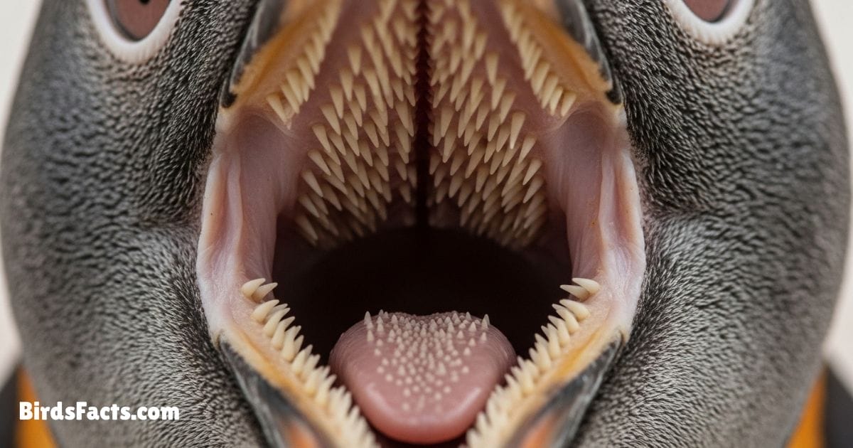 Curious view Inside of a Penguins Mouth showing pink throat and spiny ridges. The roof and throat Inside of a Penguins Mouth lined with tiny backward spikes.