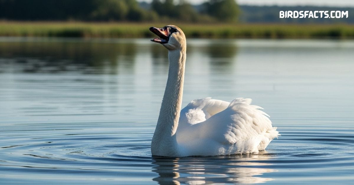Trumpeter swan swimming gracefully on lake with white plumage and long black bill