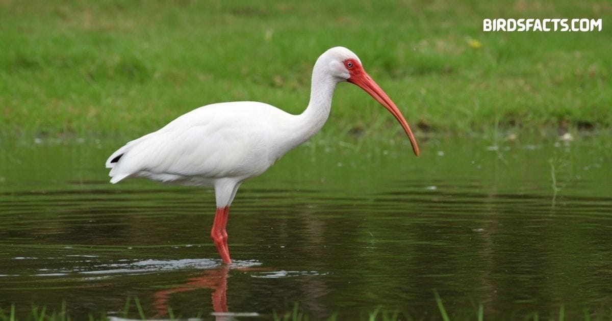 White ibis wading in wetlands with white plumage and long curved red bill