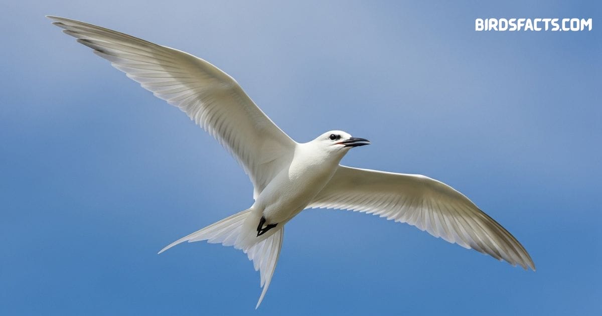 White tern flying over tropical coastline with pure white plumage and slender black bill