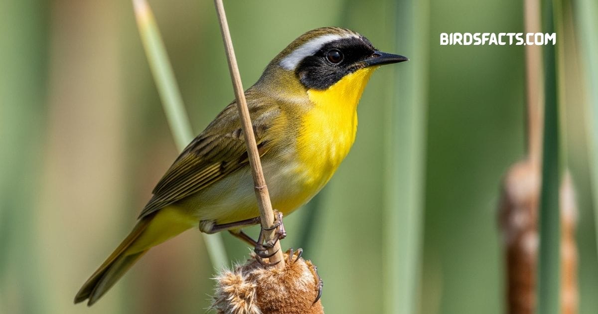 Common yellowthroat perched on reed with olive back yellow throat and black mask
