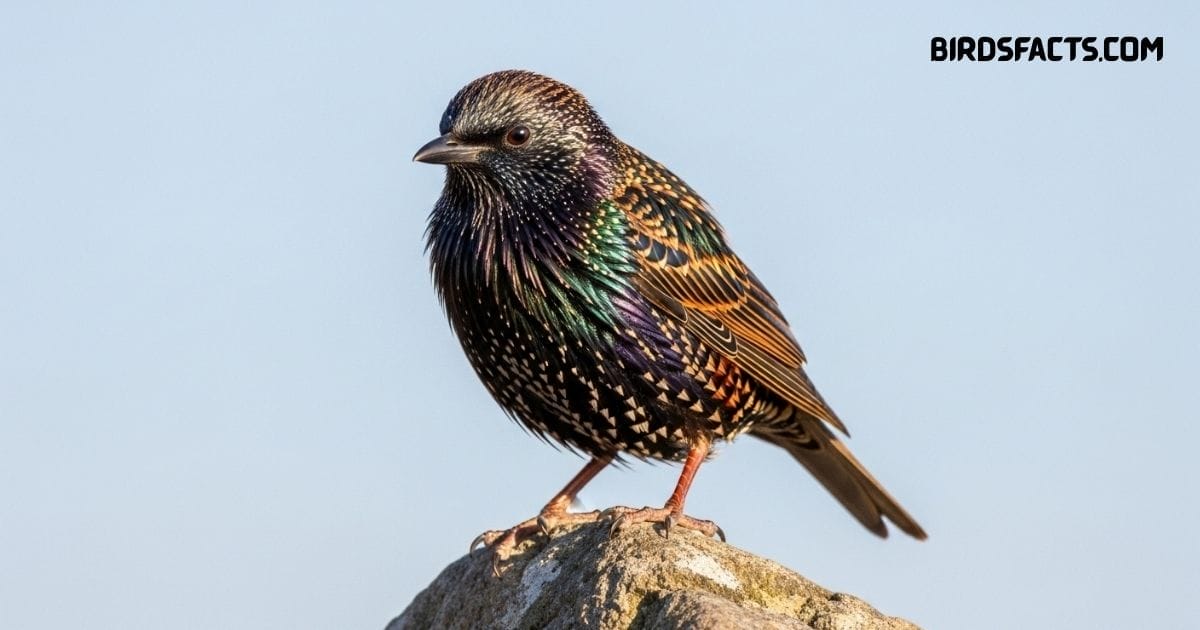 European Starling with glossy purple-green plumage perched on branch in open field