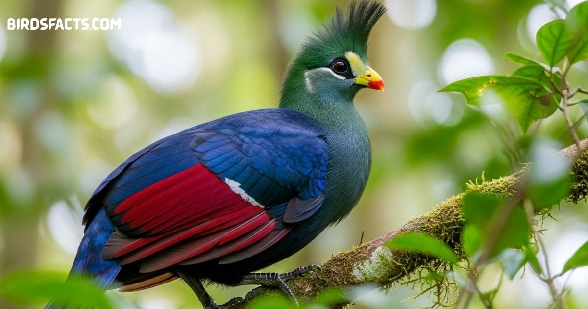 Hartlaub’s Turaco with vibrant green plumage and red wing feathers perched on branch