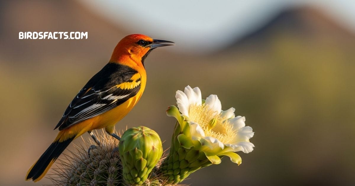 Hooded oriole perched on branch with bright orange yellow body black throat and slender curved bill
