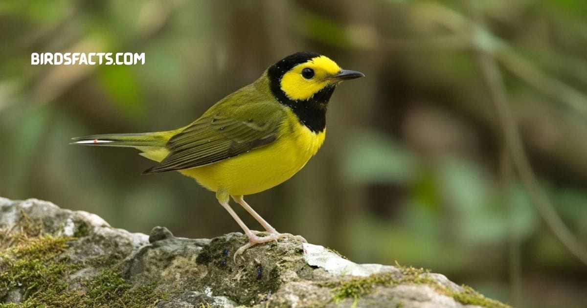 Hooded warbler perched on branch with yellow face black hood and olive back