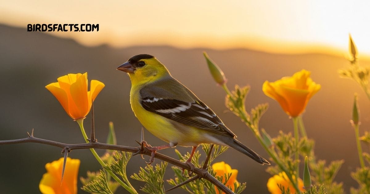 Lesser goldfinch perched on branch with bright yellow underparts black cap and greenish back