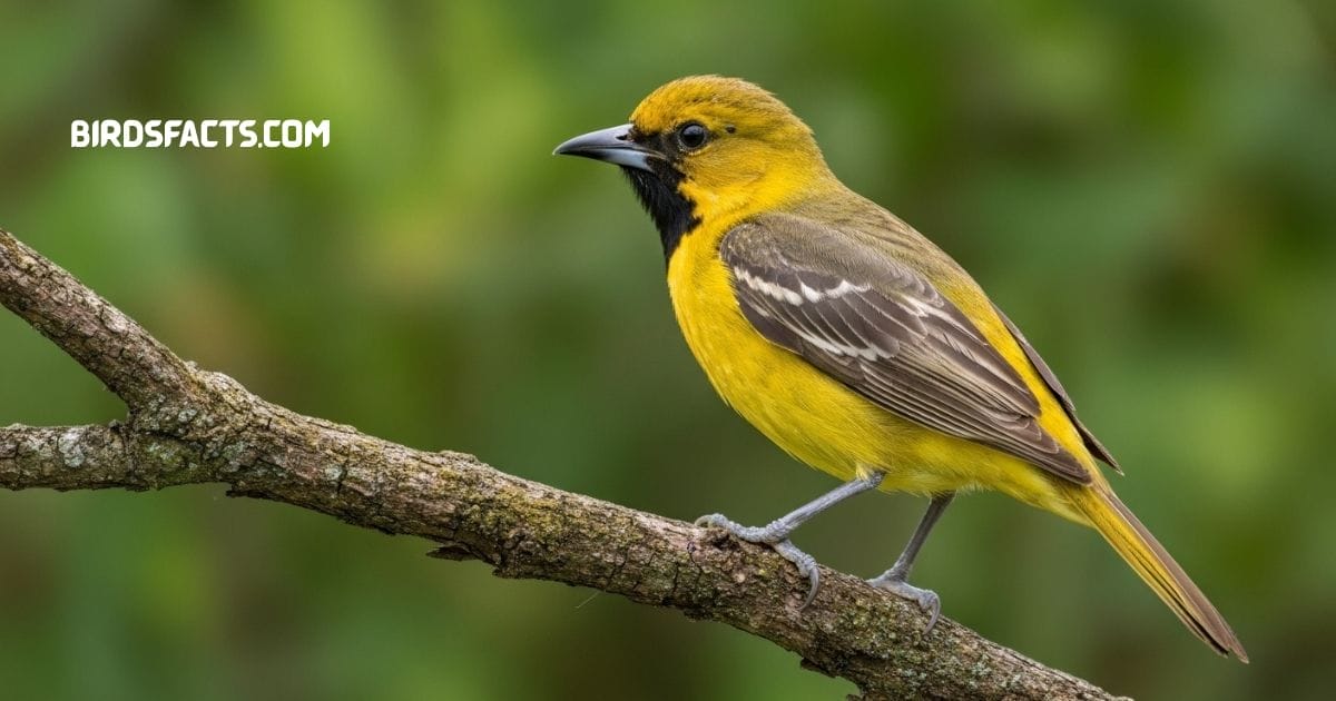 Orchard oriole female perched on branch with yellowish body olive back and sharp bill