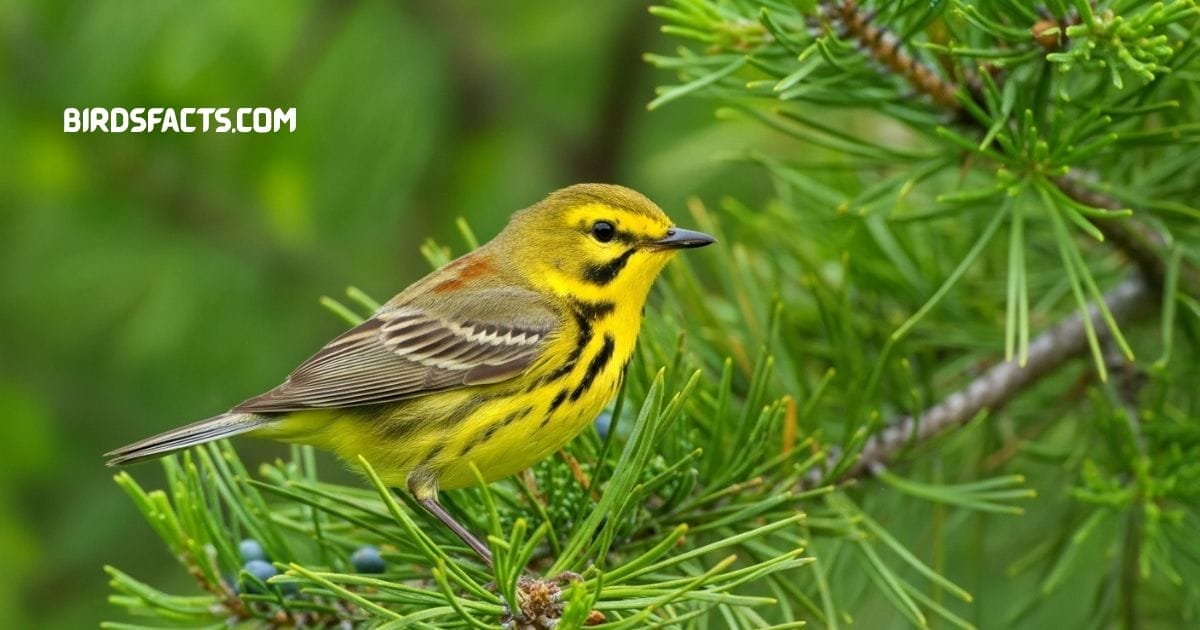 Prairie warbler perched on branch with bright yellow underparts olive back and black streaks
