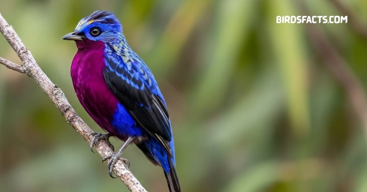 Purple-Breasted Cotinga with vivid violet chest perched high in tropical rainforest tree