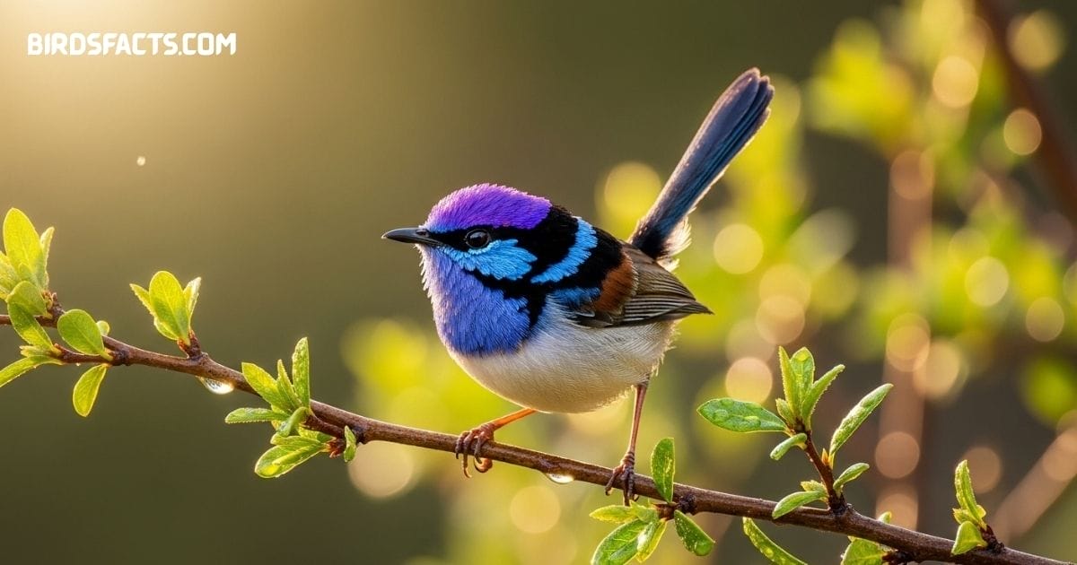 Purple Crowned Fairywren with striking violet crown perched on branch in Australian woodland
