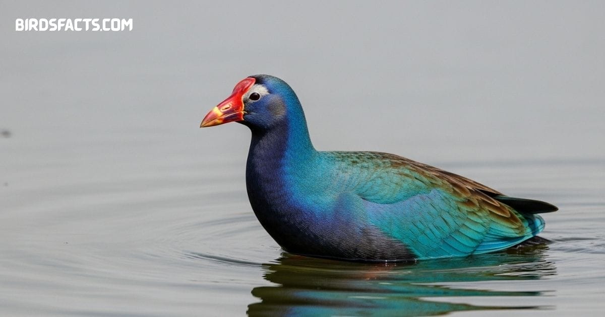 Purple Gallinule with bright purple-blue plumage walking on floating lily pads in wetland