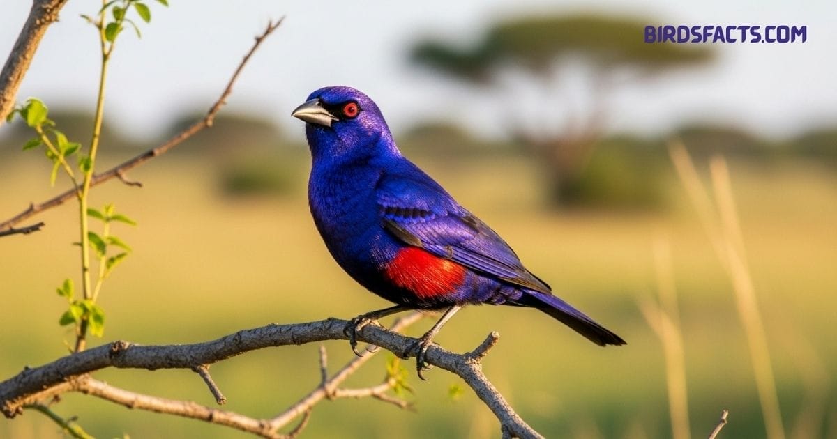 Purple Grenadier with vivid violet plumage and red beak perched on savanna branch