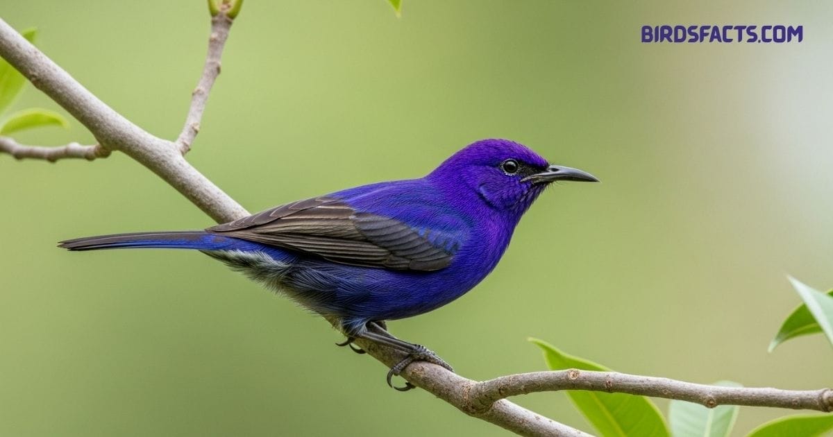 Purple Honeycreeper with vibrant violet-blue plumage perched on tropical rainforest branch