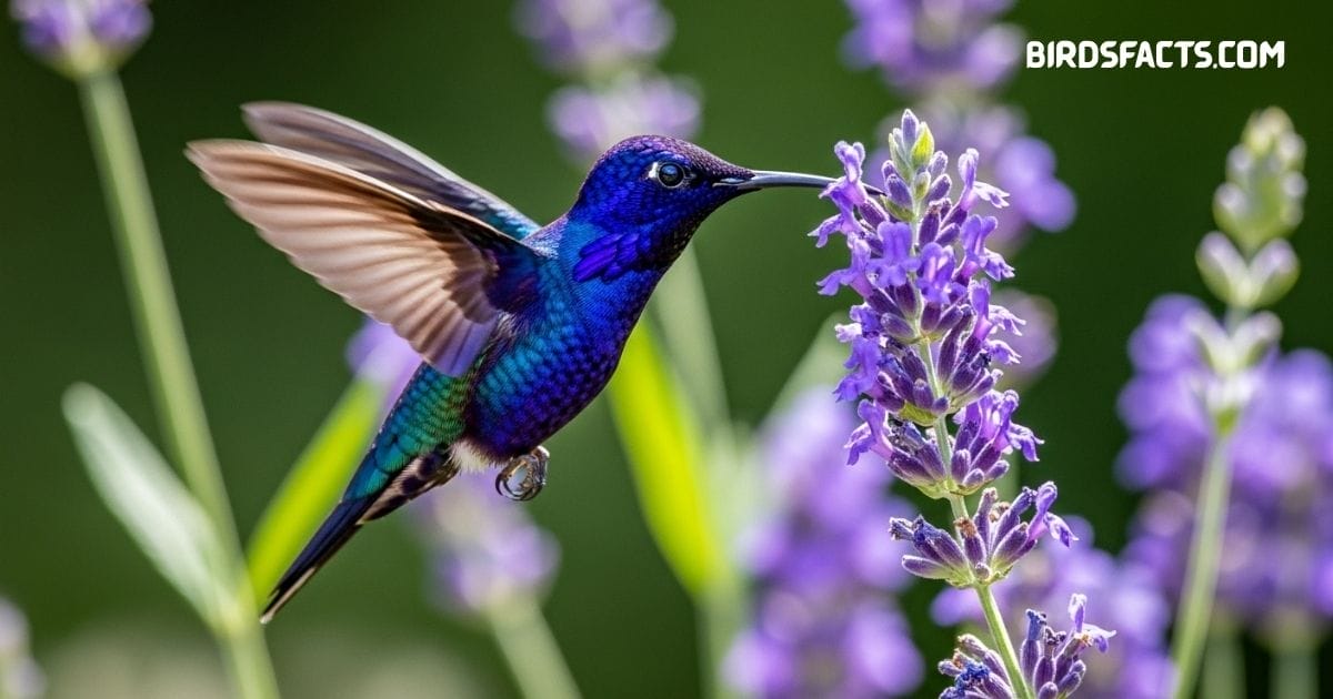 Purple Hummingbird with shimmering violet feathers hovering near bright tropical flowers